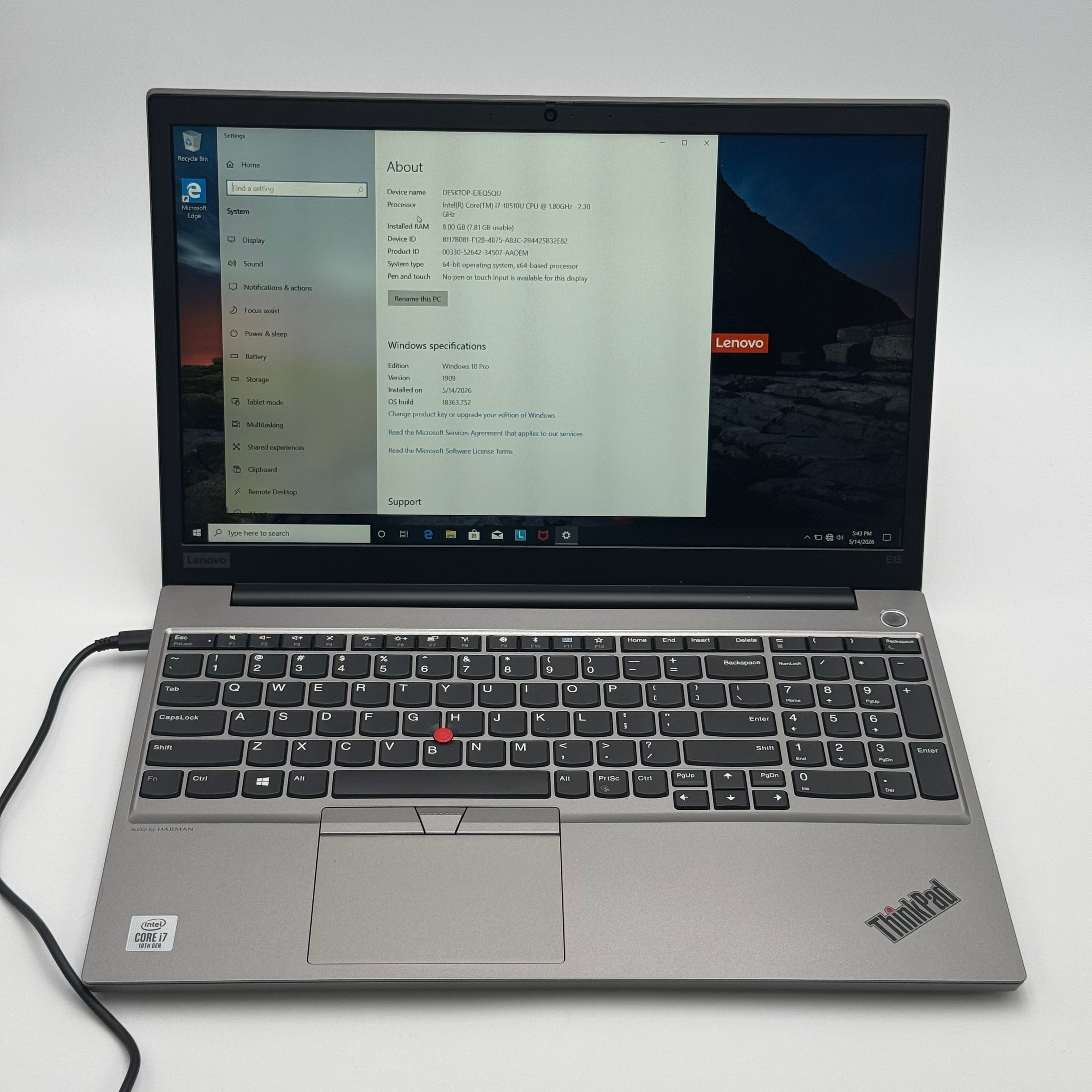 Lenovo ThinkPad E15 15” Core i7-10510U 8GB 512GB 1.80GHz Laptop - Bad Battery