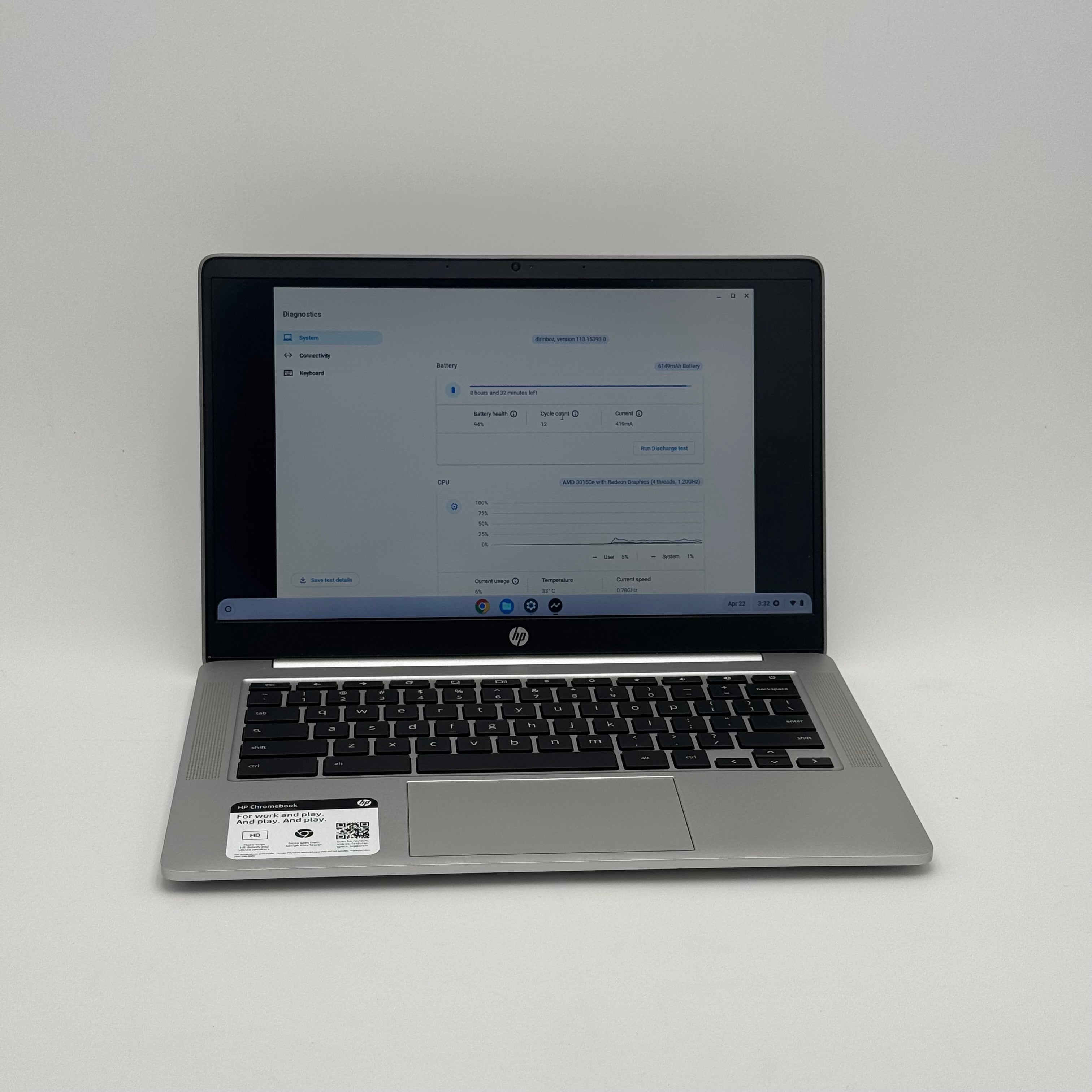 HP Chromebook 14" Silver, 14a-nb0013dx, AMD 3015Ce with Radeon Graphics, 4GB RAM, 32GB, Pre-Owned