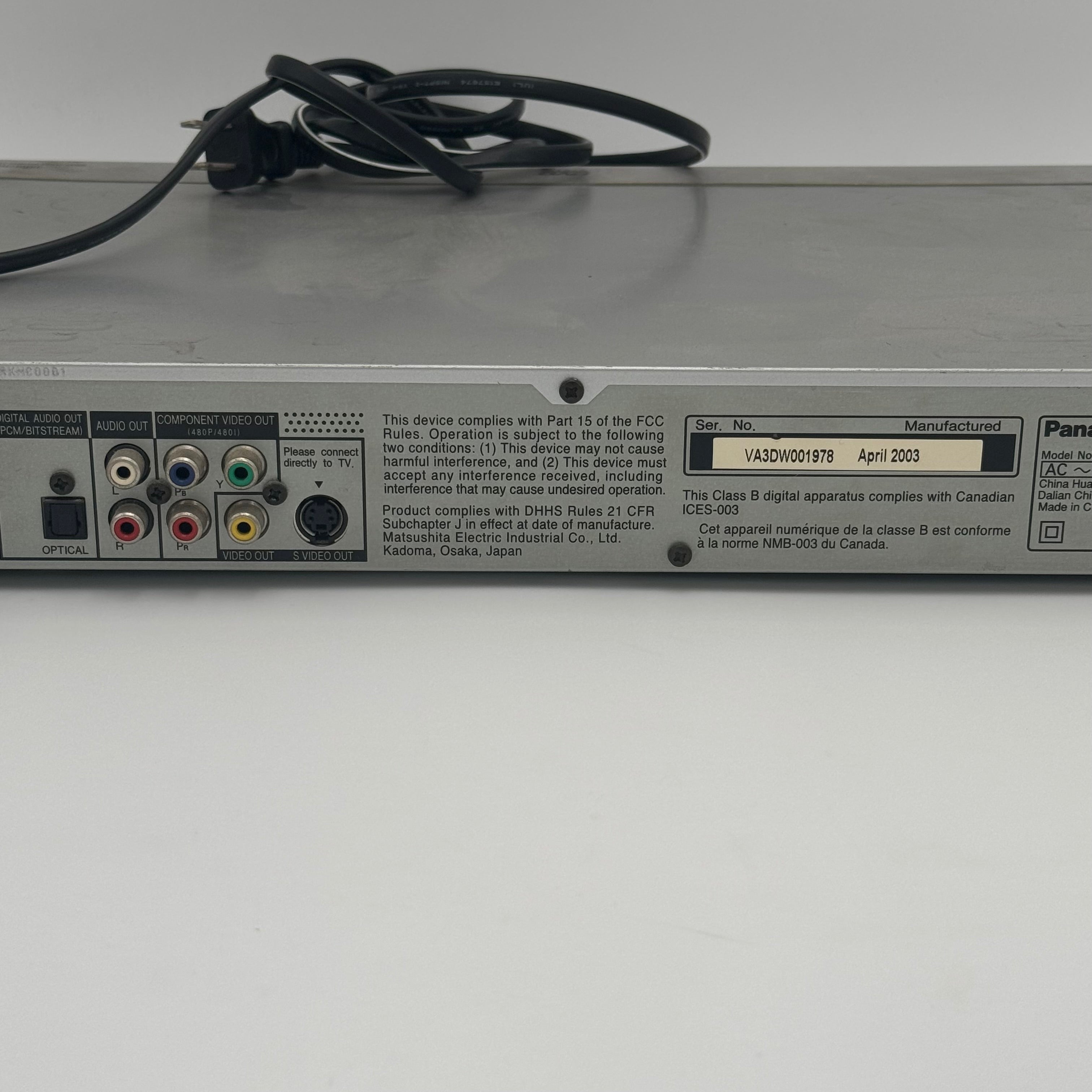 Panasonic DVD-S35 DVD Player, Silver, For Parts