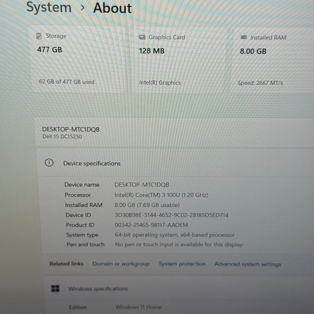 Dell 15 DC15250 Laptop Carbon Black 15.6" Display Intel Core 3 100U 8GB RAM 512GB SSD