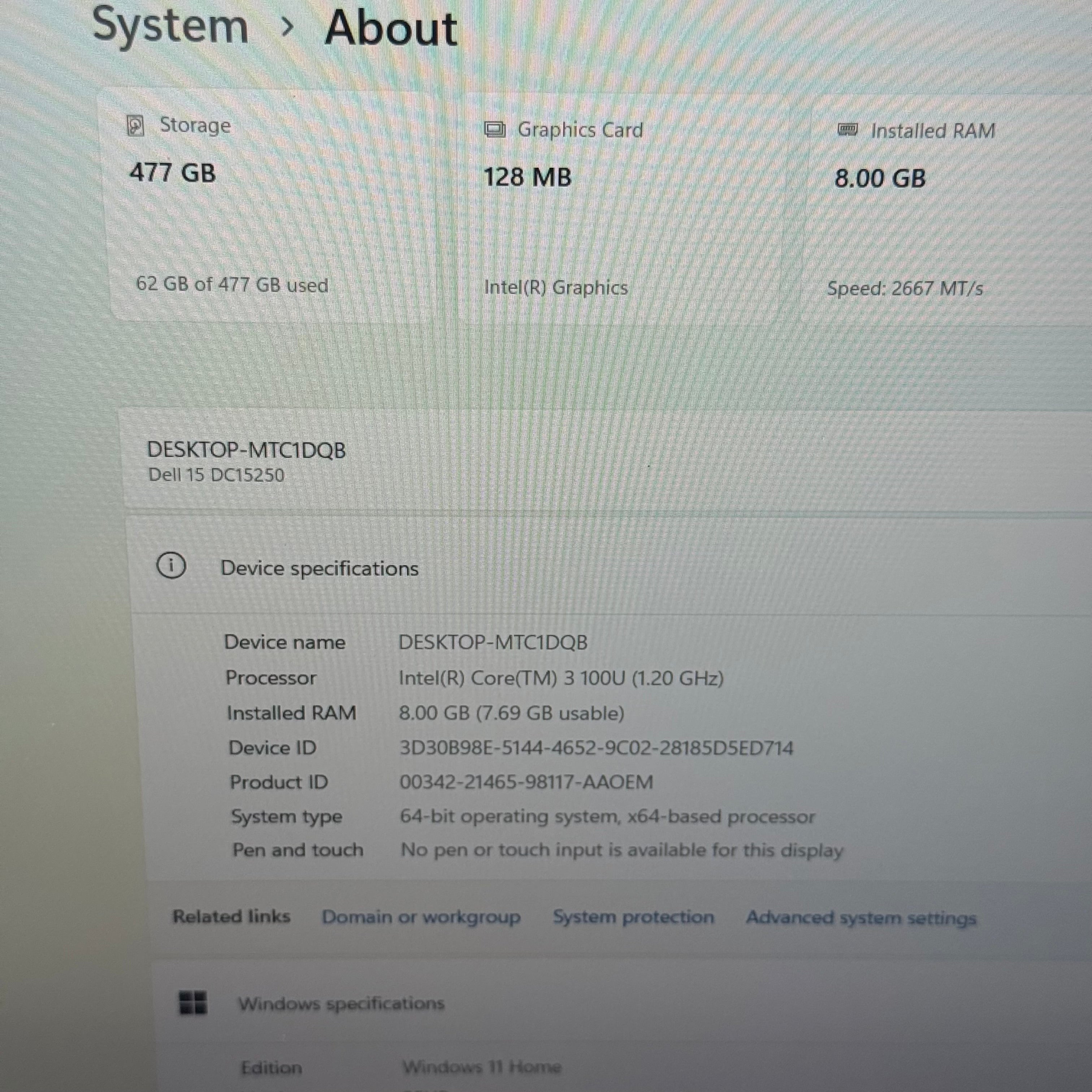 Dell 15 DC15250 Laptop Carbon Black 15.6" Display Intel Core 3 100U 8GB RAM 512GB SSD