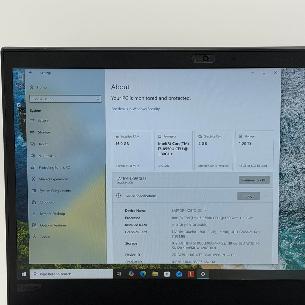 Lenovo ThinkPad P52s 15-Inch Laptop - Intel Core i7 1.8Ghz 16GB RAM 1TB HDD Read Bad Battery