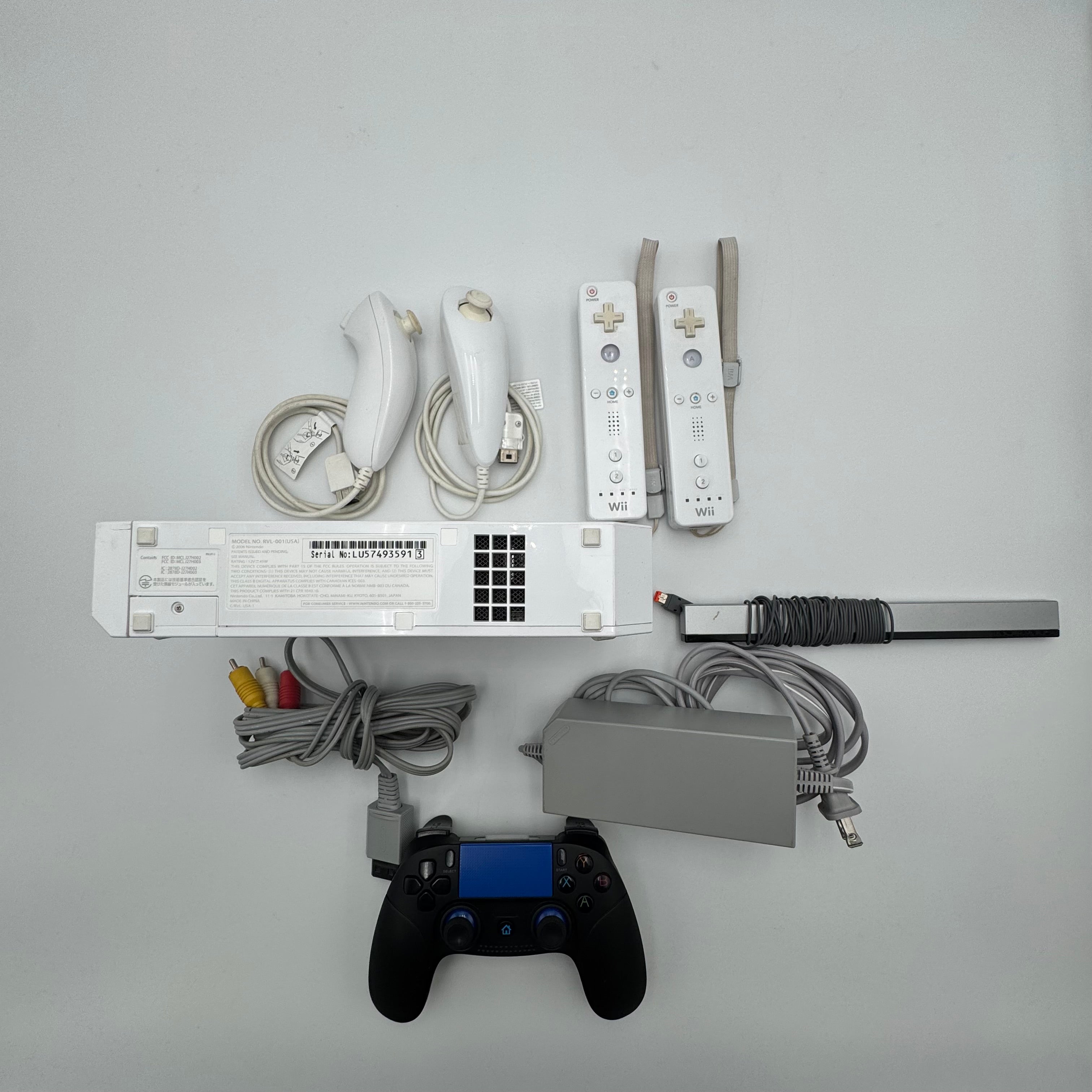 Nintendo Wii RVL-001 (2006) Console Bundle w/ Remotes, Nun chucks, Sensor Bar, and Power Cables + FREE Wireless Controller - Tested/Working