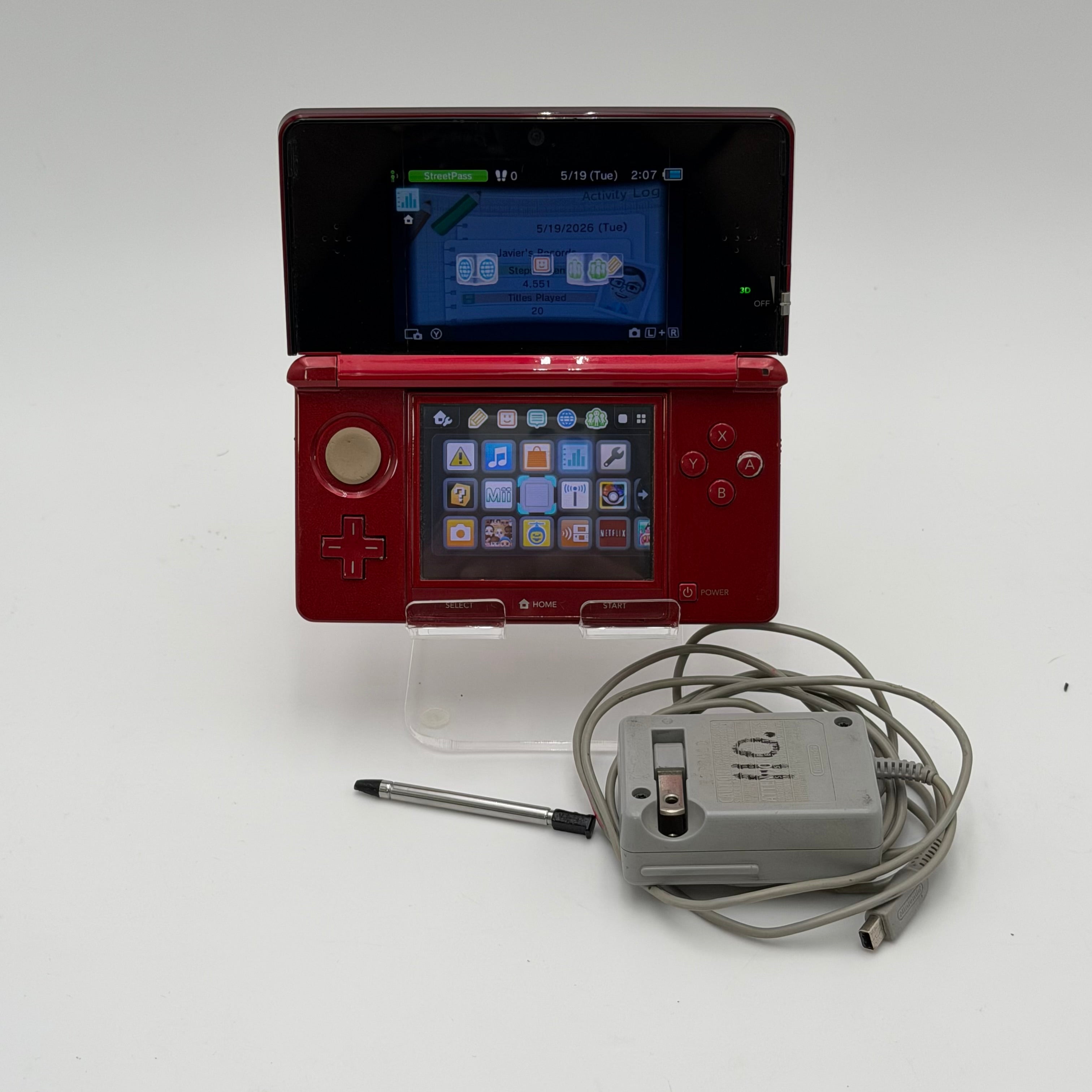 Flame Red Nintendo 3DS (Original) - WORKING - Includes Charger and Stylus