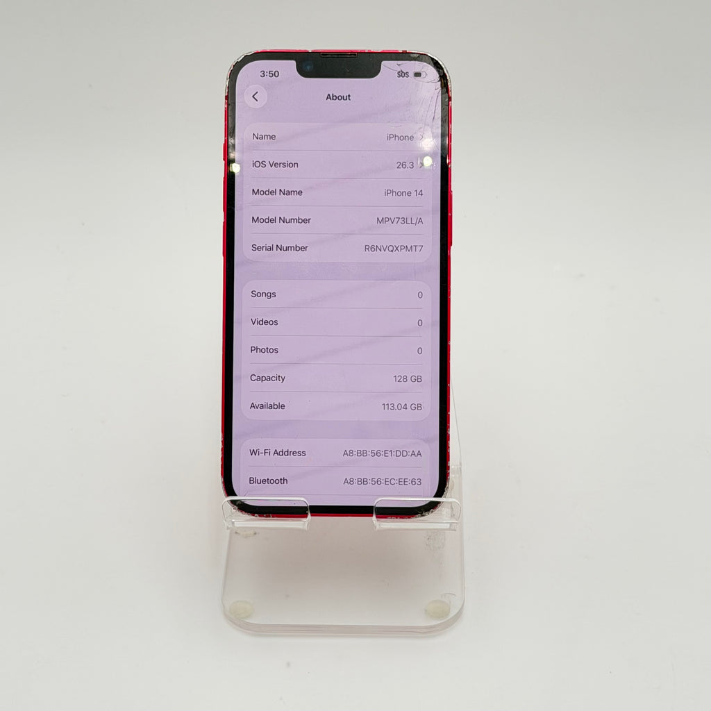 Broken T-Mobile Apple iPhone 14 Red - Cracked  Front - Back - 84% BH