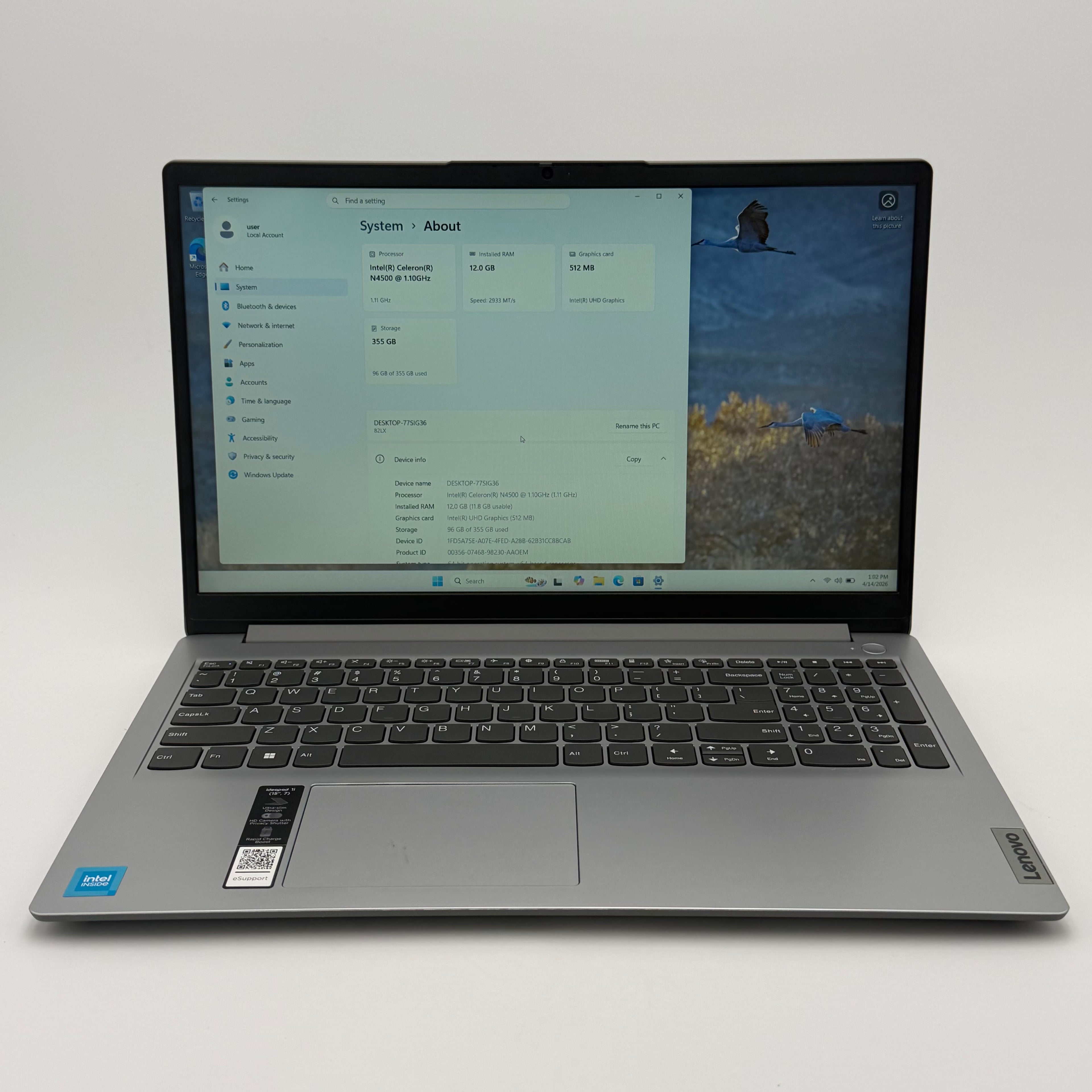 Lenovo IdeaPad 1 15IJL7 Laptop 15-inch Intel Celeron 12GB RAM 320GB Silver