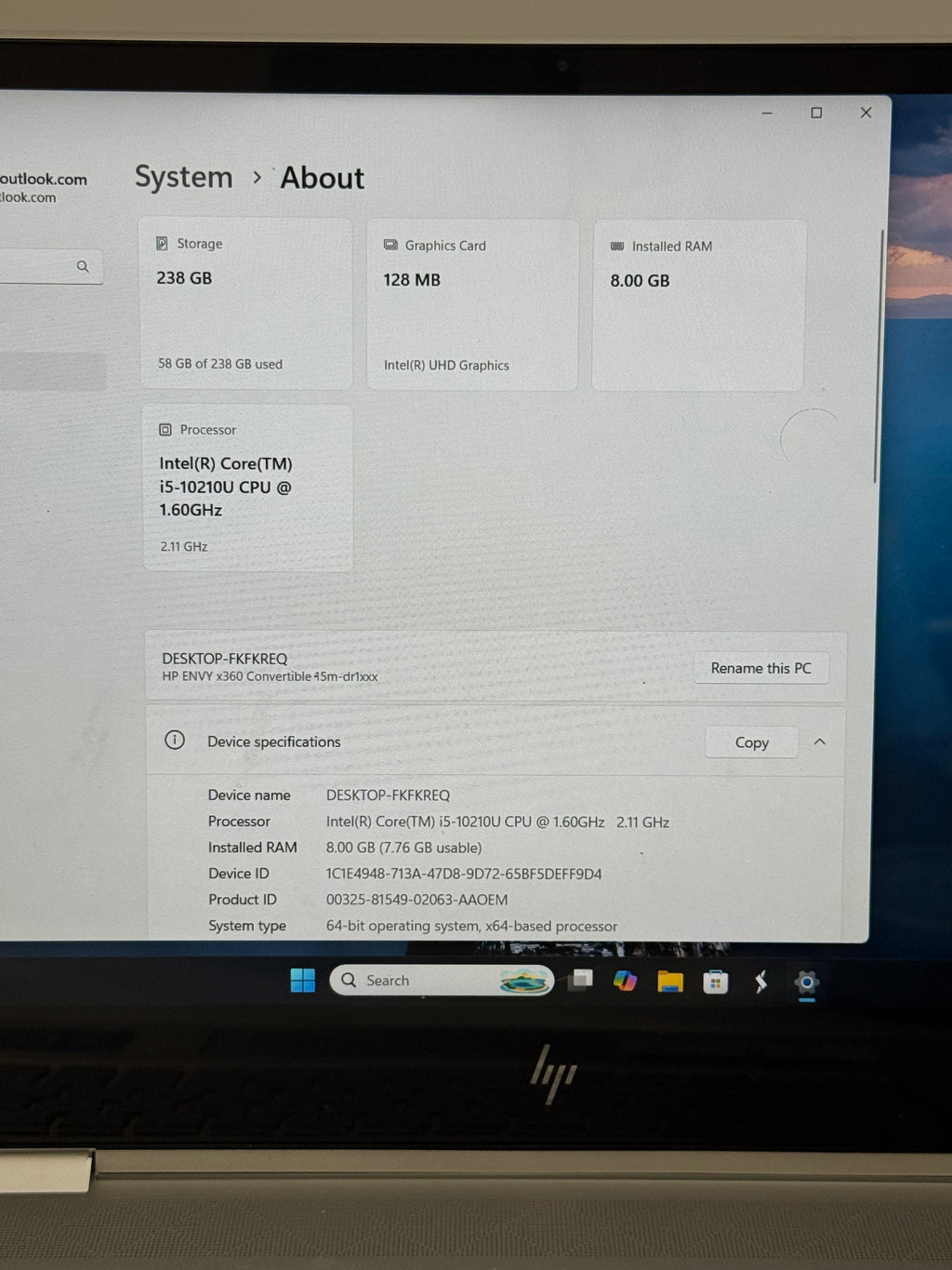 HP Envy X360 15M-DR1011DX 15.6" I5-10210U 1.6GHz 8GB RAM 256GB SSD
