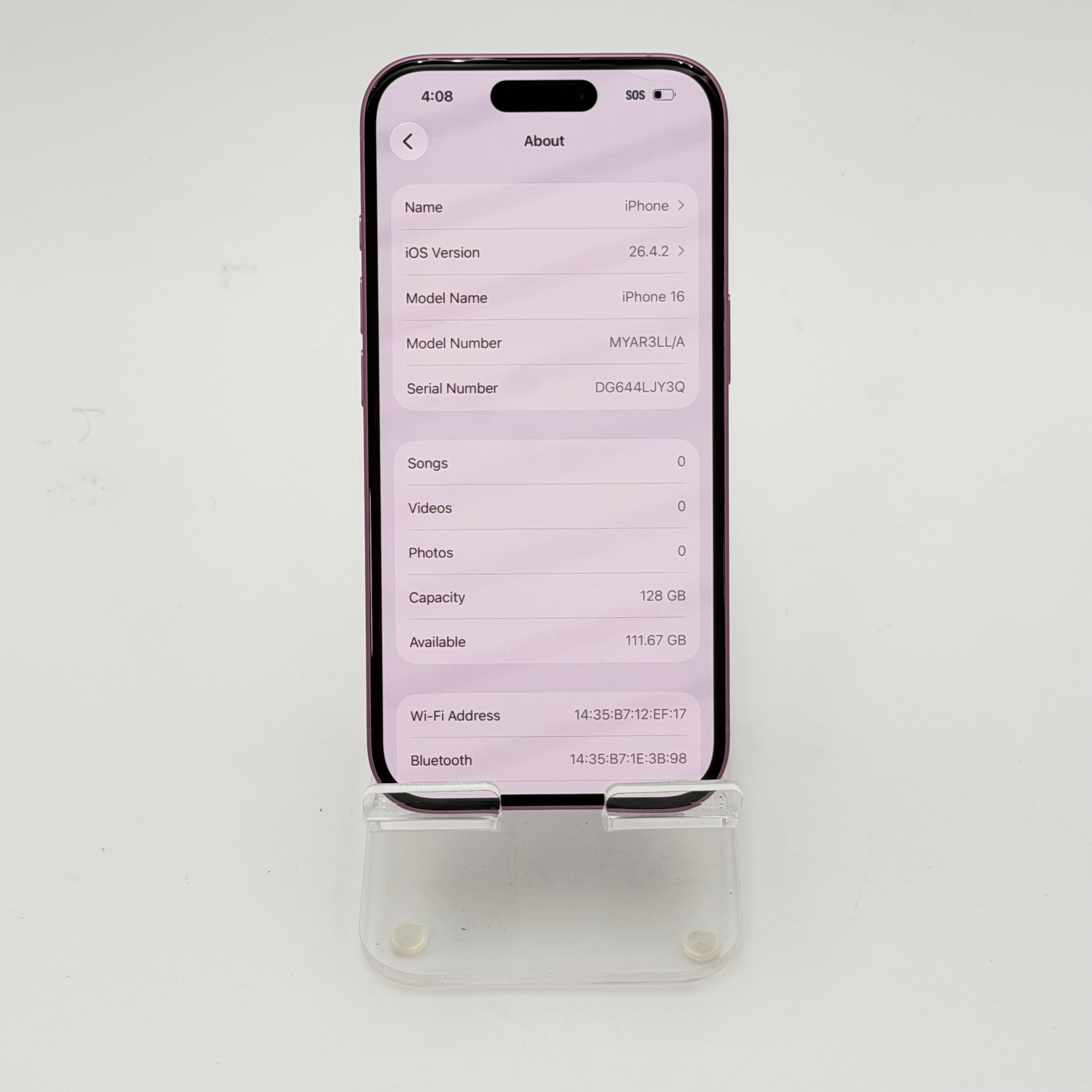 Unlocked Apple iPhone 16 A3081 256GB Pink 89% Battery Health