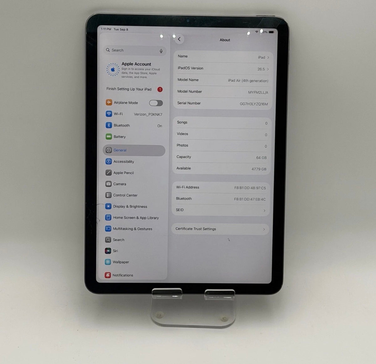 Apple iPad Air 4th Gen A2316 2020 Black Broken