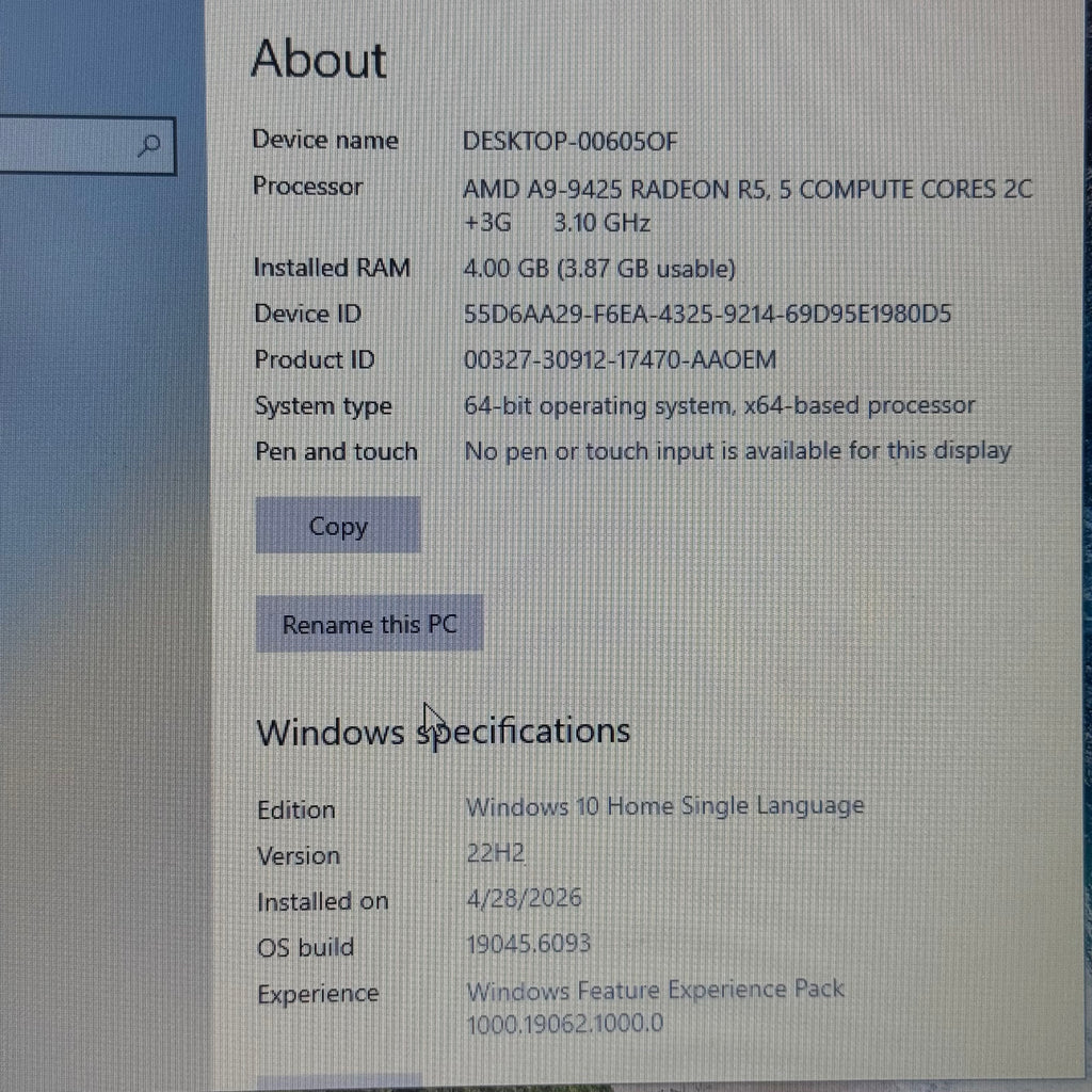 Dell Inspiron 3595 15” Laptop AMD A9 Radeon 3.10GHz 4GB RAM 1TB Silver For Parts - Battery unidentified