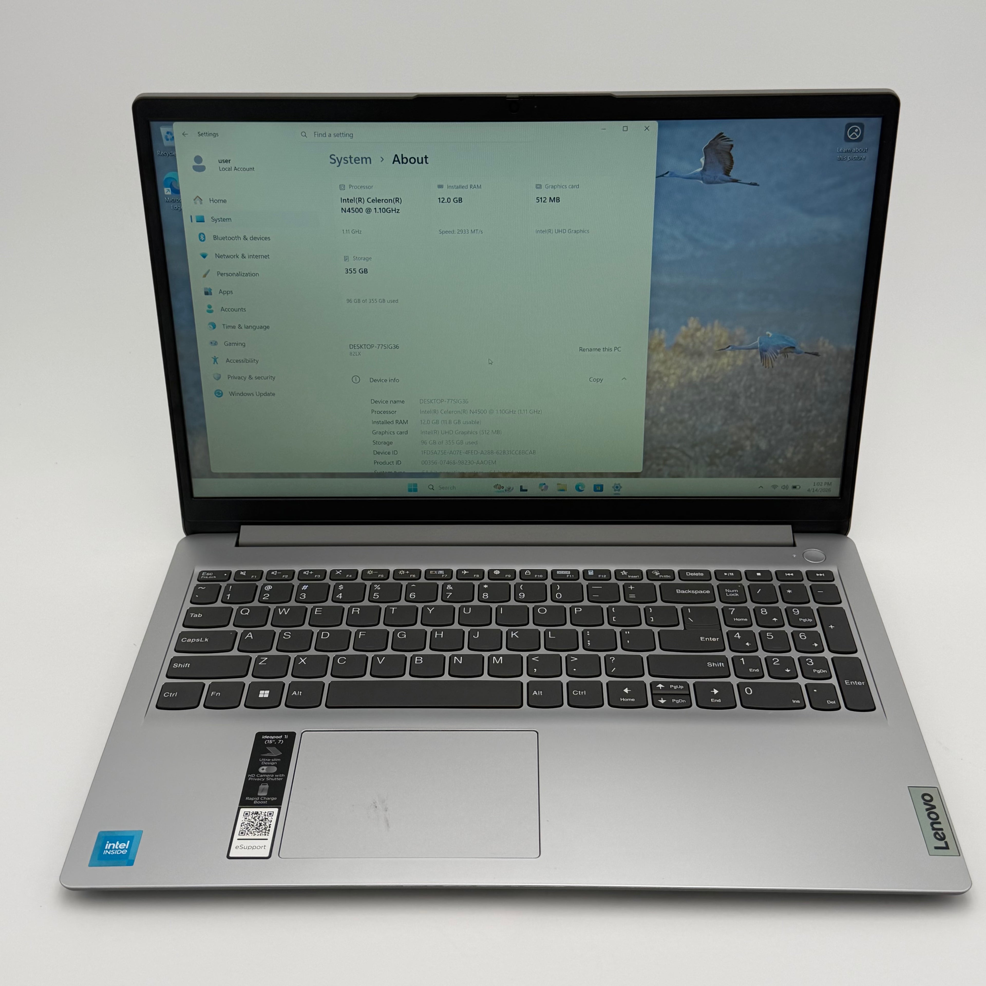 Lenovo IdeaPad 1 15IJL7 Laptop 15-inch Intel Celeron 12GB RAM 320GB Silver