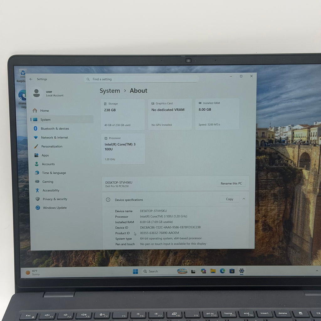 Dell Pro 16 PC16250 16" Laptop Intel Core i3-100U 8GB RAM 256GB SSD Windows 11