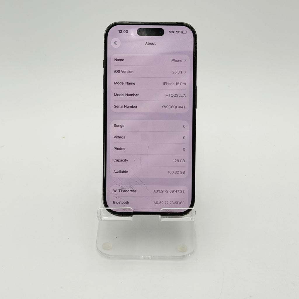 Broken Unlocked Apple iPhone 15 Pro - 128 GB - Back cracked- Crack screen - 82% BH