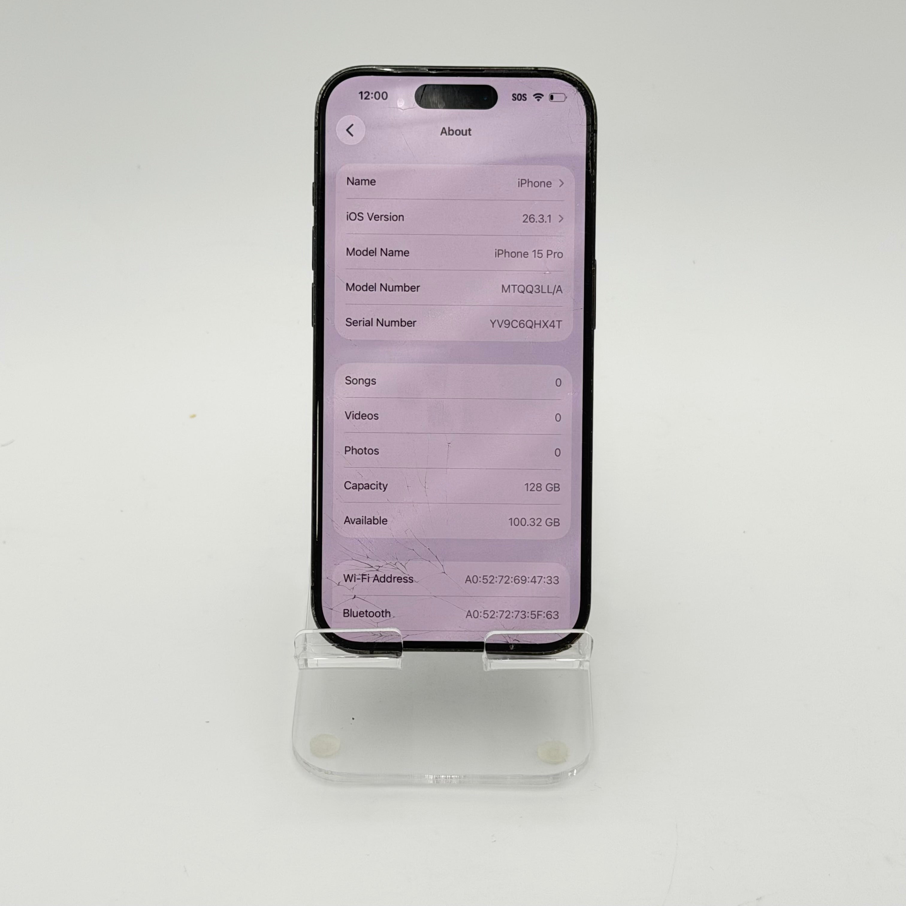 Broken Unlocked Apple iPhone 15 Pro - 128 GB - Back cracked- Crack screen - 82% BH