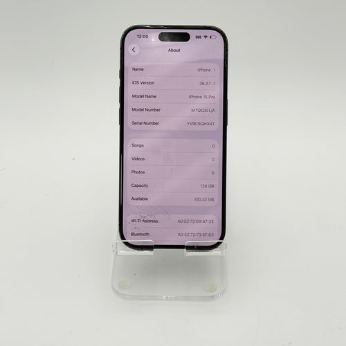 Broken Unlocked Apple iPhone 15 Pro - 128 GB - Back cracked- Crack screen - 82% BH