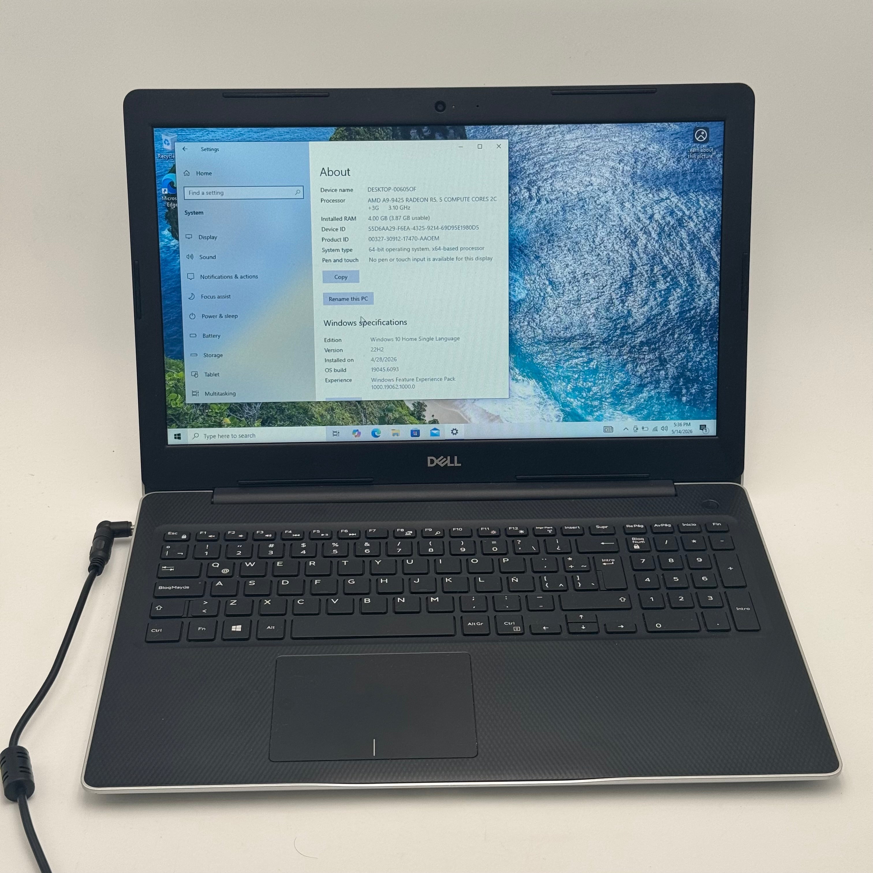 Dell Inspiron 3595 15” Laptop AMD A9 Radeon 3.10GHz 4GB RAM 1TB Silver For Parts - Battery unidentified