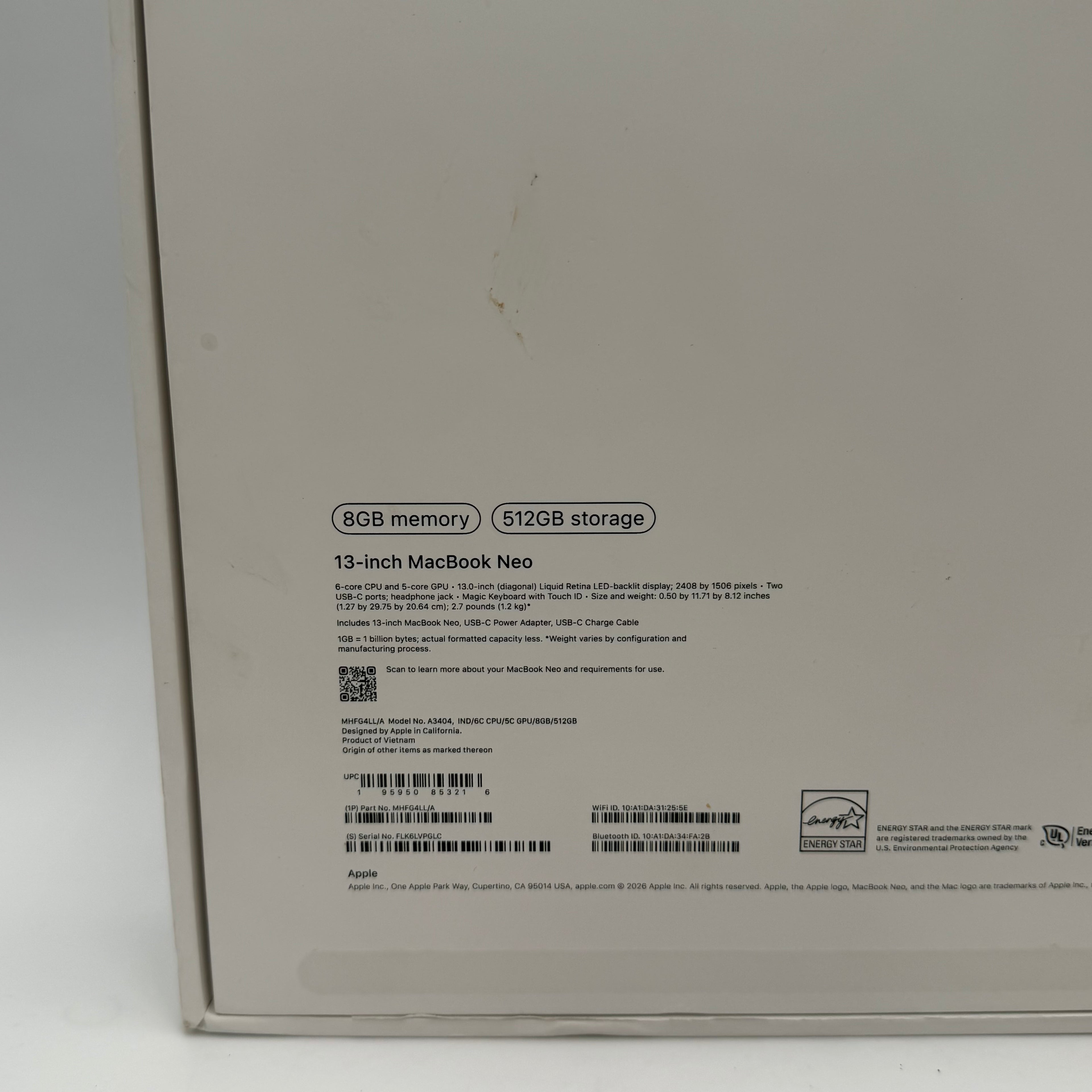 2026 Apple MacBook Neo 13" A18 Pro 5C GPU 4.0GHz 8GB RAM 512GB SSD A3404