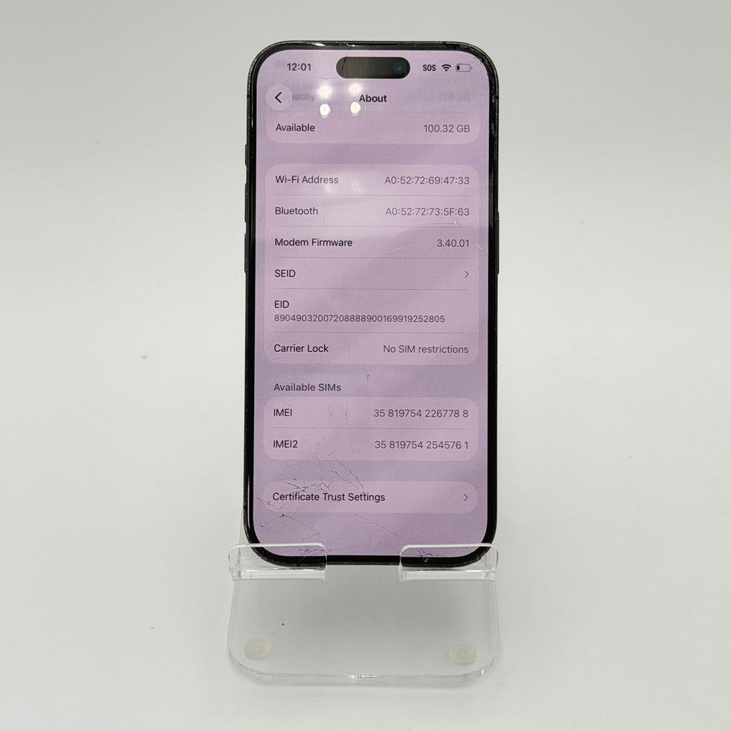 Broken Unlocked Apple iPhone 15 Pro - 128 GB - Back cracked- Crack screen - 82% BH