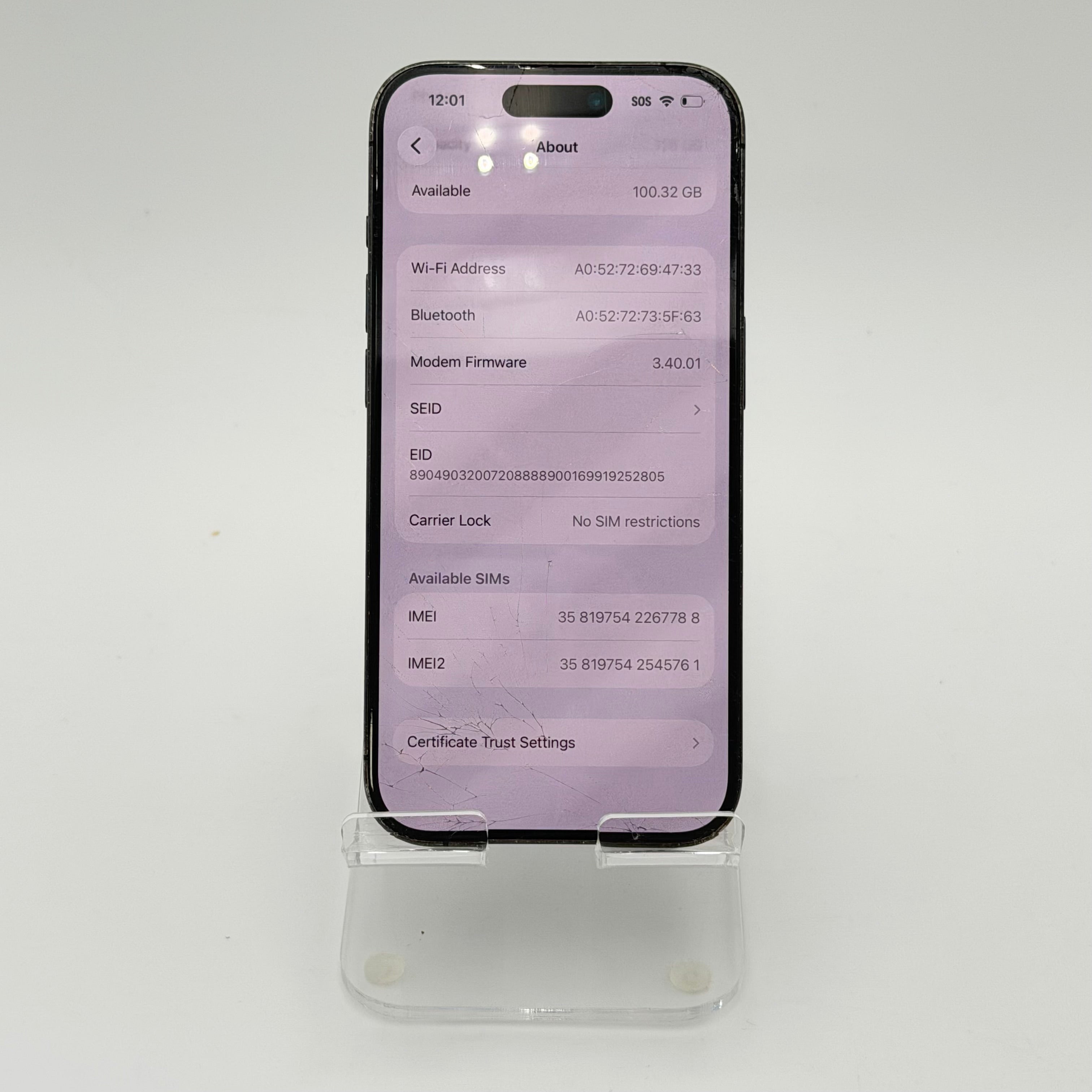 Broken Unlocked Apple iPhone 15 Pro - 128 GB - Back cracked- Crack screen - 82% BH