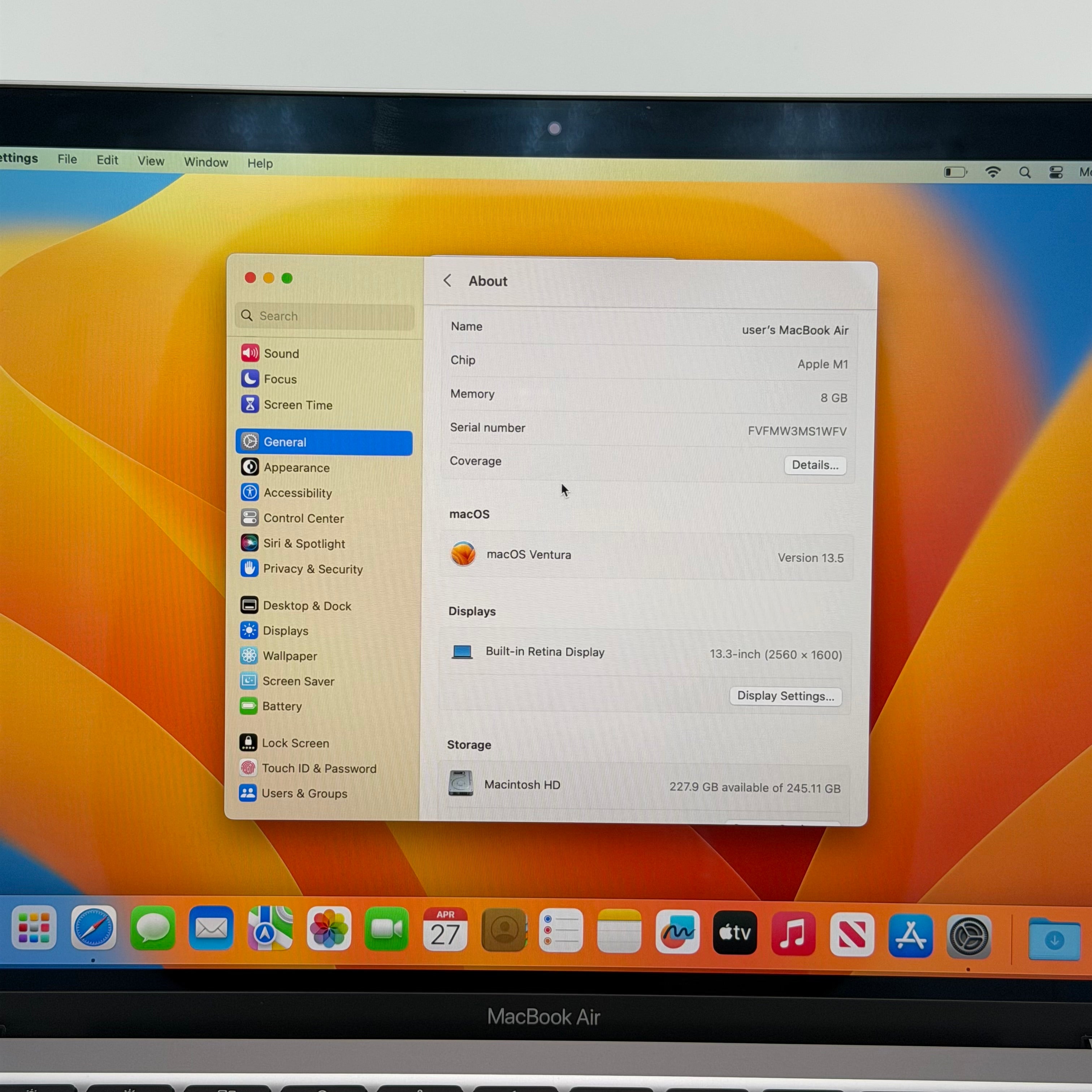 Apple MacBook Air 13" M1 A2337 2020 Space Gray 8GB RAM 128GB SSD