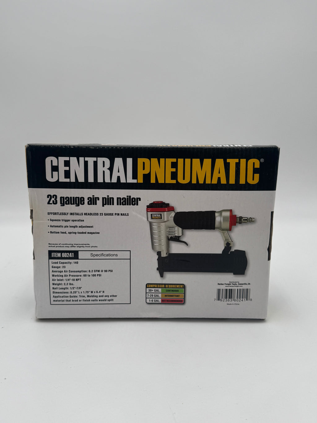 Central Pneumatic 23 Gauge Air Pin Nailer, Silver