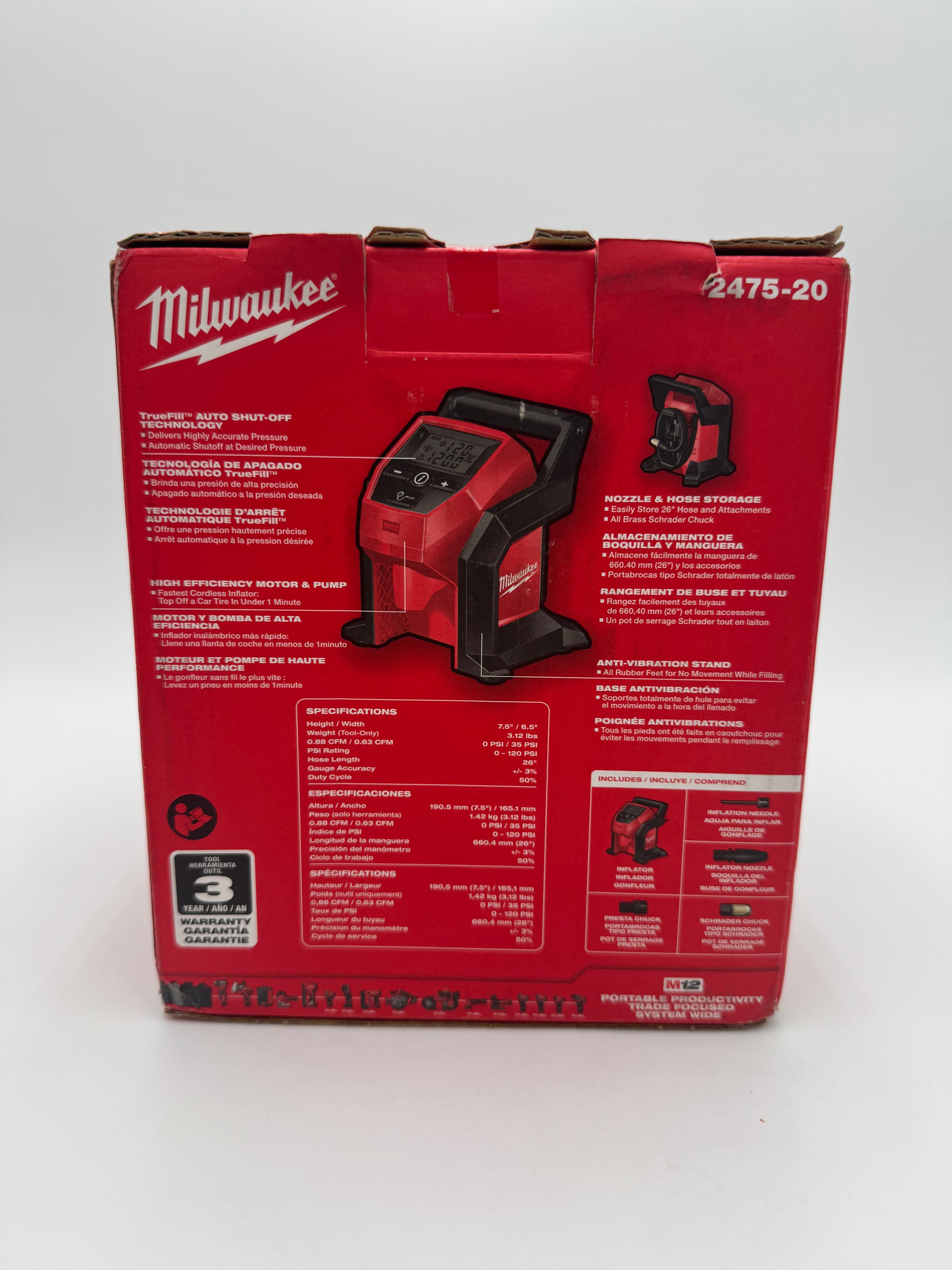 Milwaukee Tire Inflator 2475-20 Compact Cordless 120 PSI M12 Series (Tool Only)