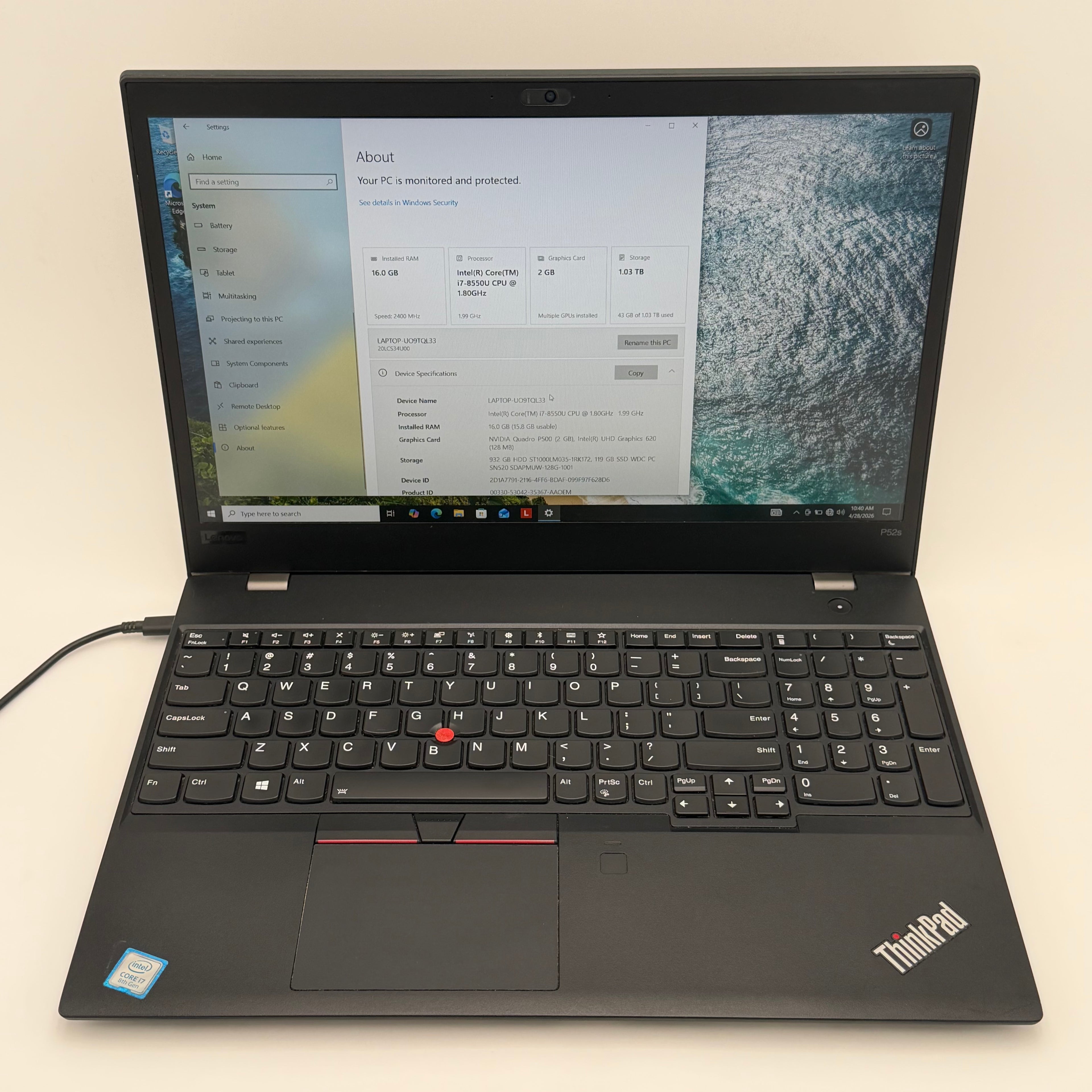 Lenovo ThinkPad P52s 15-Inch Laptop - Intel Core i7 1.8Ghz 16GB RAM 1TB HDD Read Bad Battery