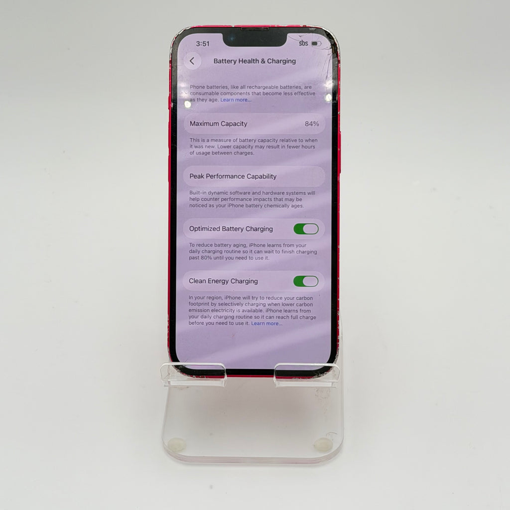 Broken T-Mobile Apple iPhone 14 Red - Cracked  Front - Back - 84% BH