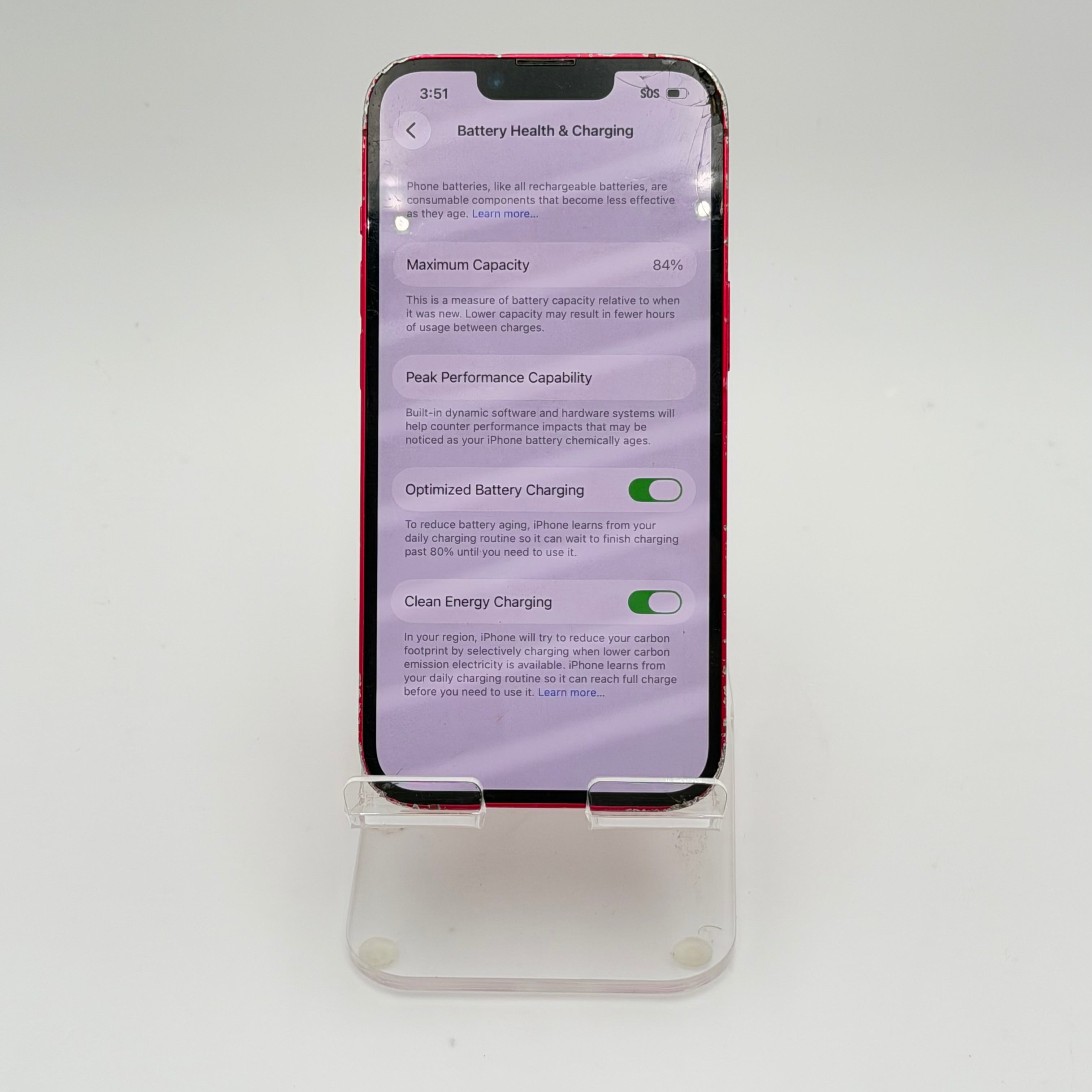 Broken T-Mobile Apple iPhone 14 Red - Cracked  Front - Back - 84% BH