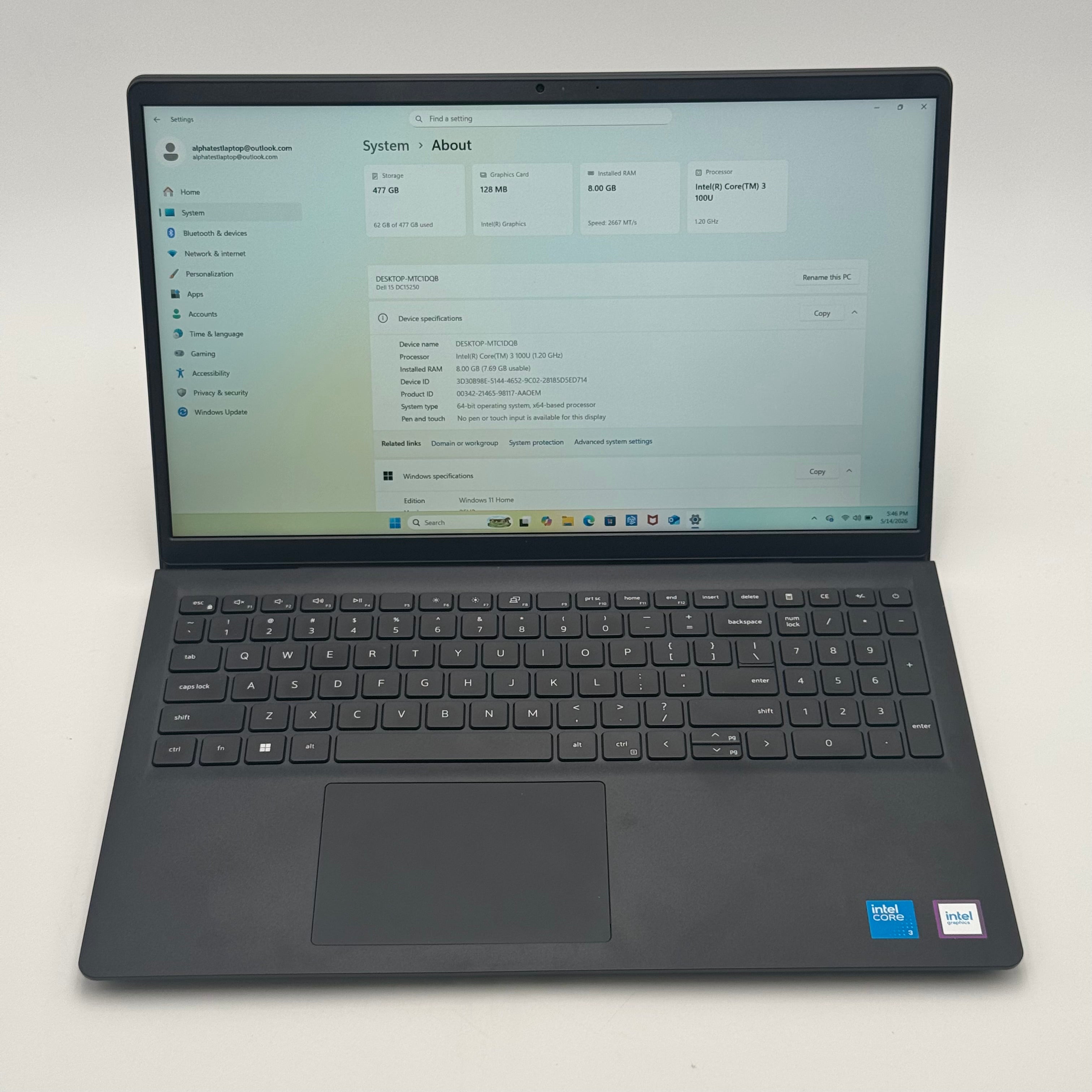 Dell 15 DC15250 Laptop Carbon Black 15.6" Display Intel Core 3 100U 8GB RAM 512GB SSD