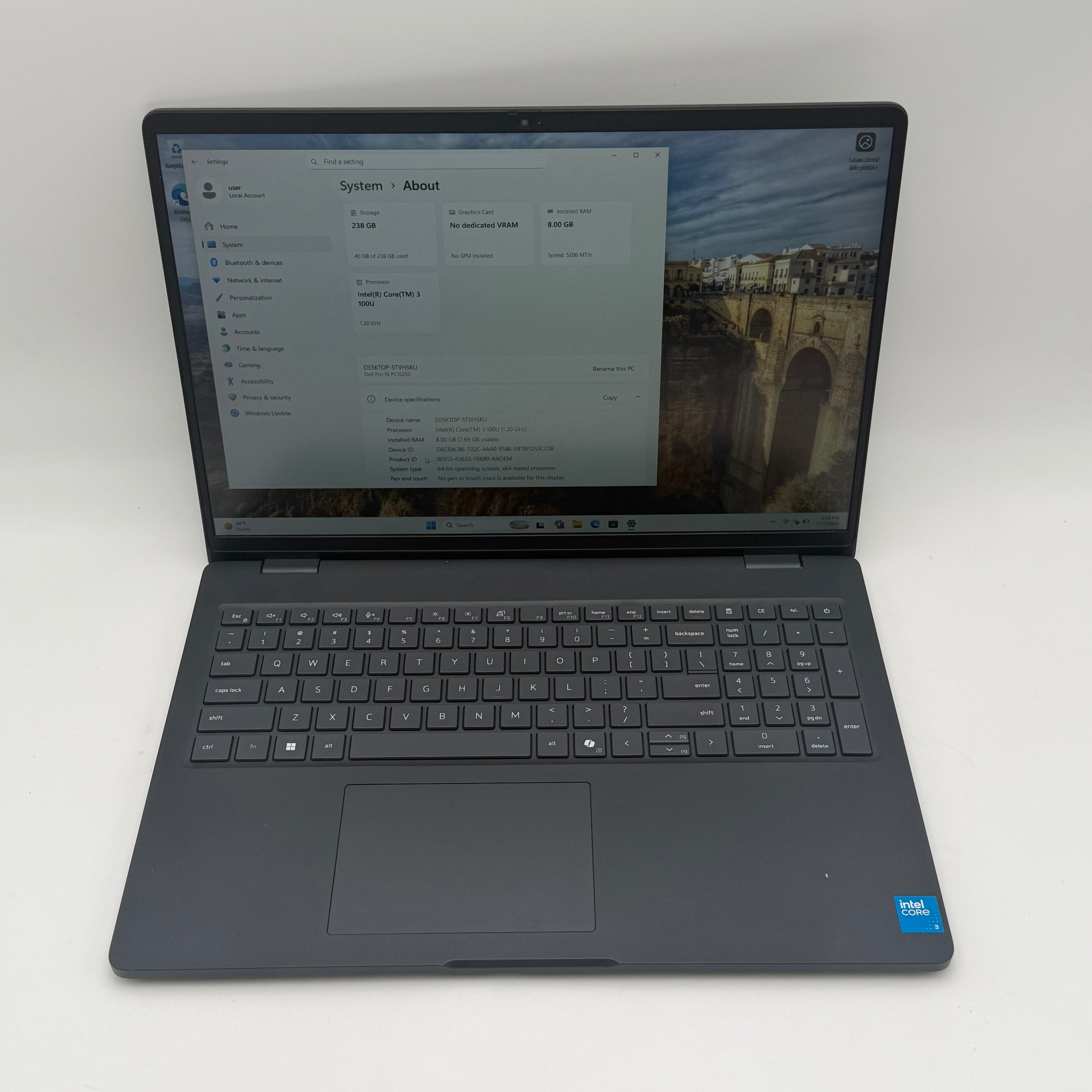 Dell Pro 16 PC16250 16" Laptop Intel Core i3-100U 8GB RAM 256GB SSD Windows 11