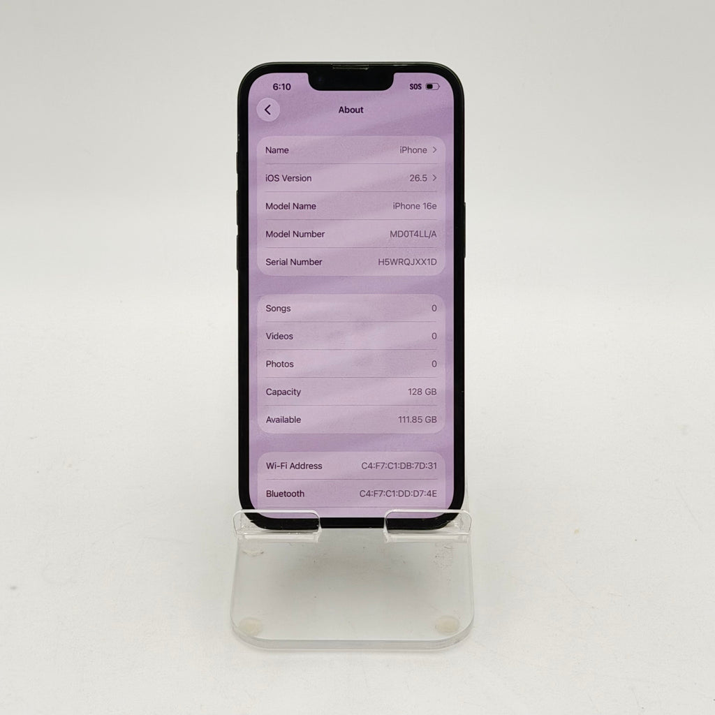 Unlocked Apple iPhone 16e 128GB Black 100% BH