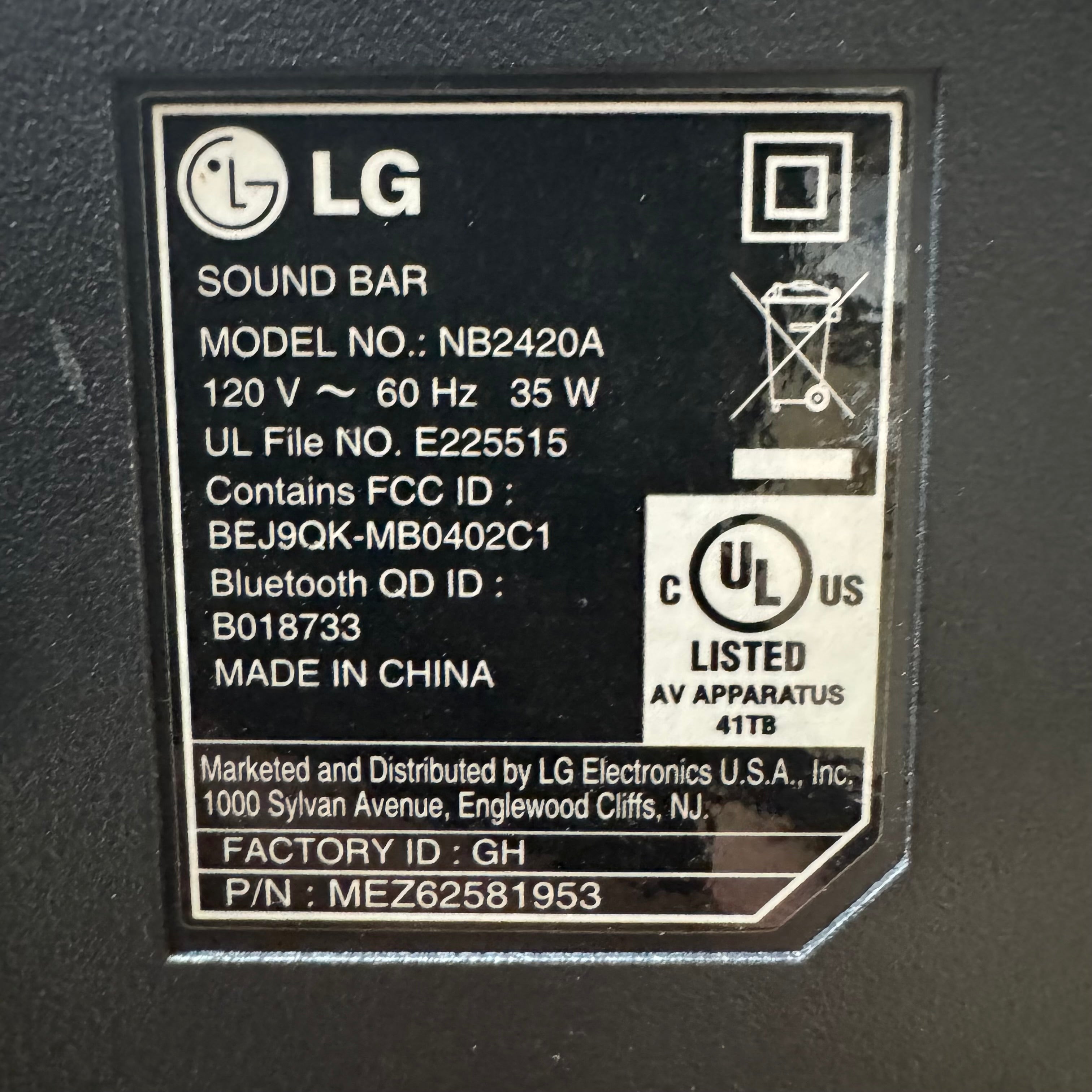 LG NB2420A Surround Sound Bar Speaker System - Tested/Working