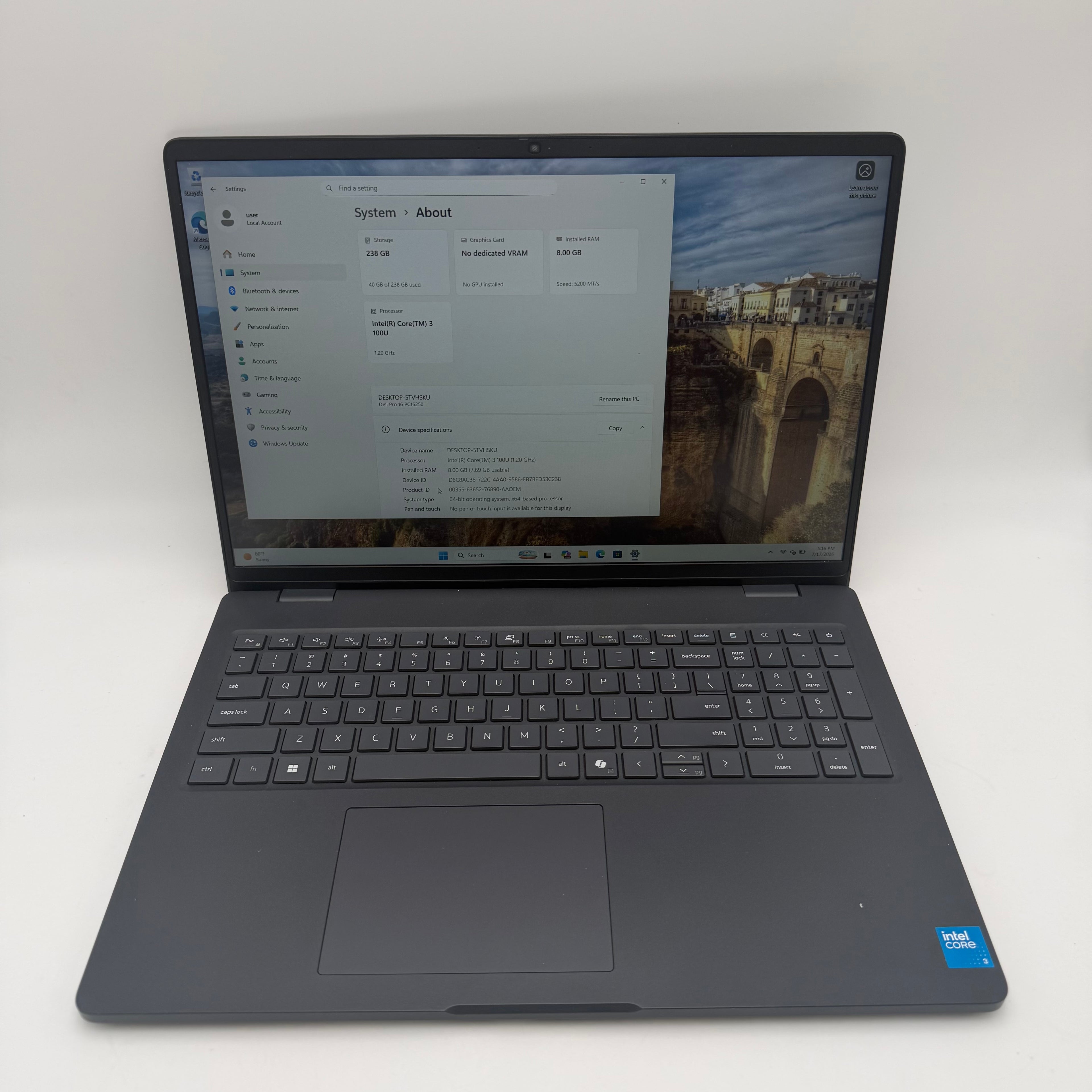 Dell Pro 16 PC16250 16" Laptop Intel Core i3-100U 8GB RAM 256GB SSD Windows 11