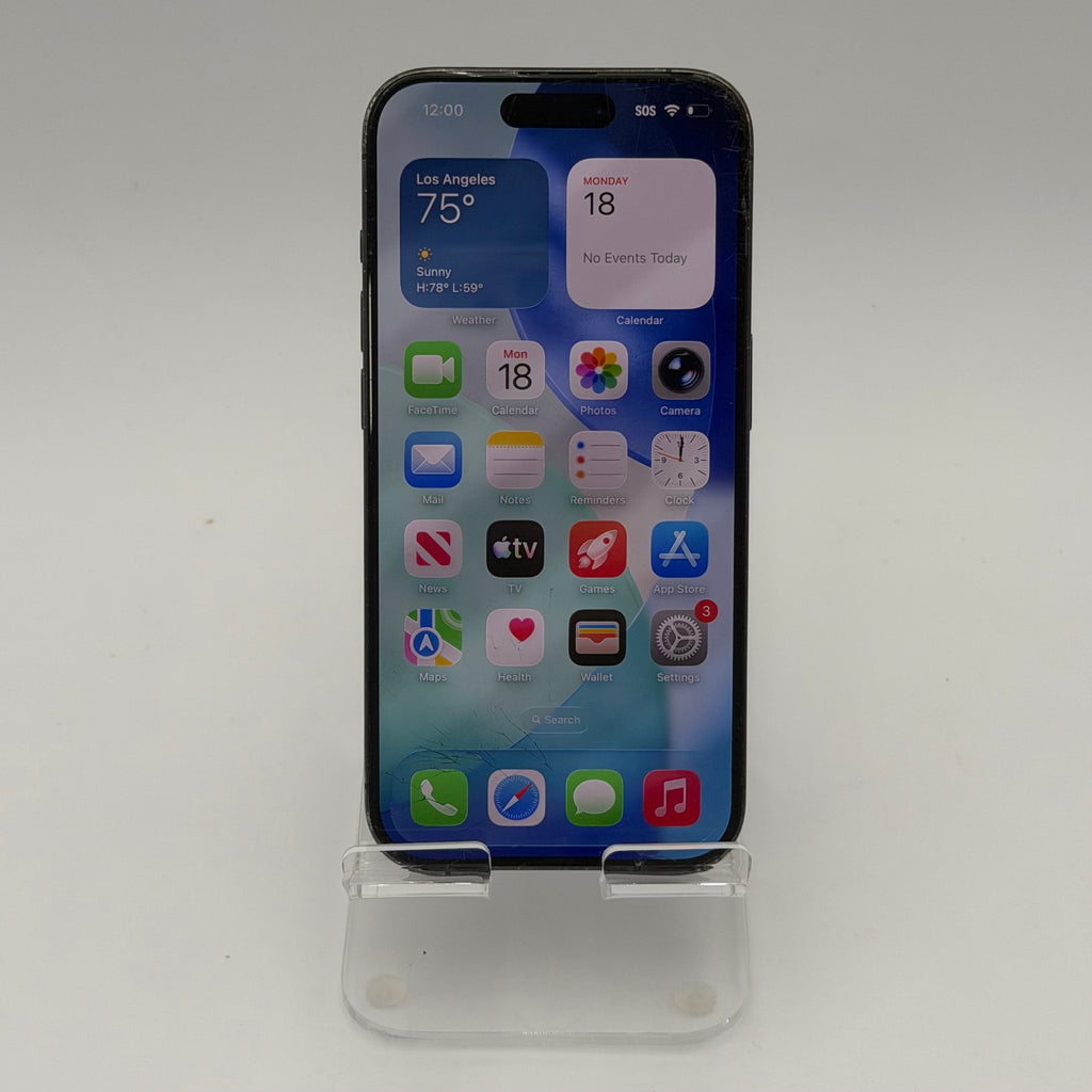 Broken Unlocked Apple iPhone 15 Pro - 128 GB - Back cracked- Crack screen - 82% BH