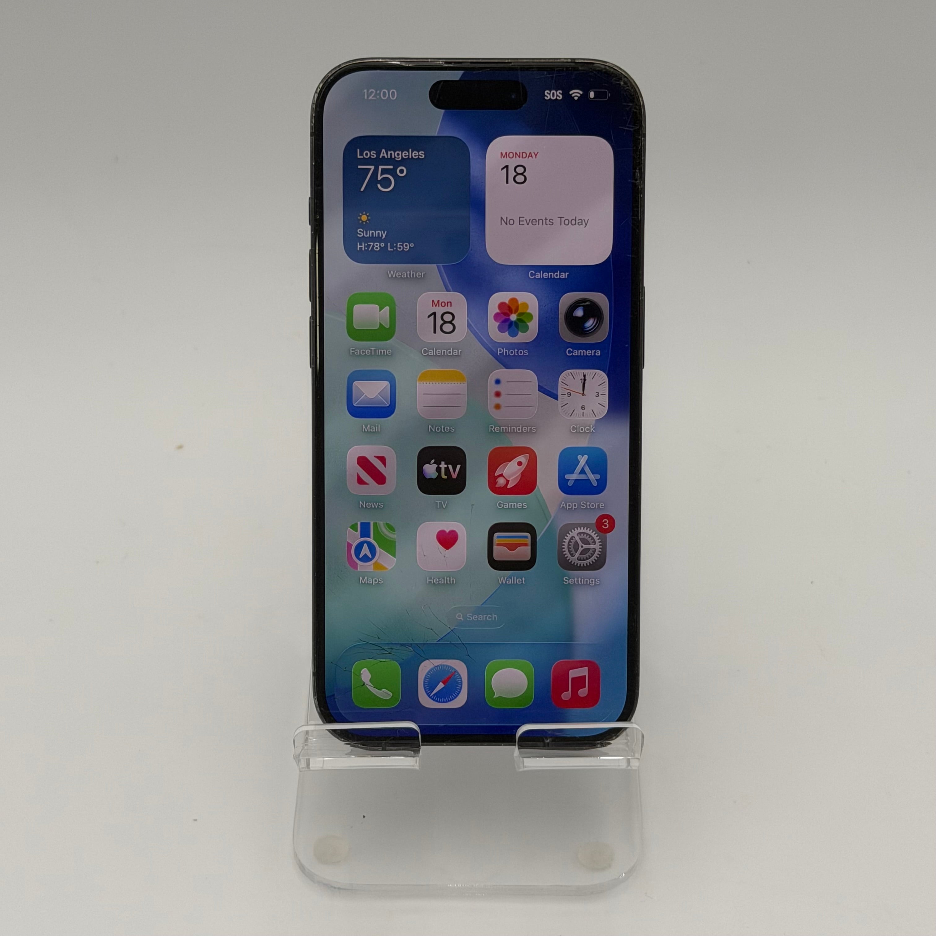 Broken Unlocked Apple iPhone 15 Pro - 128 GB - Back cracked- Crack screen - 82% BH