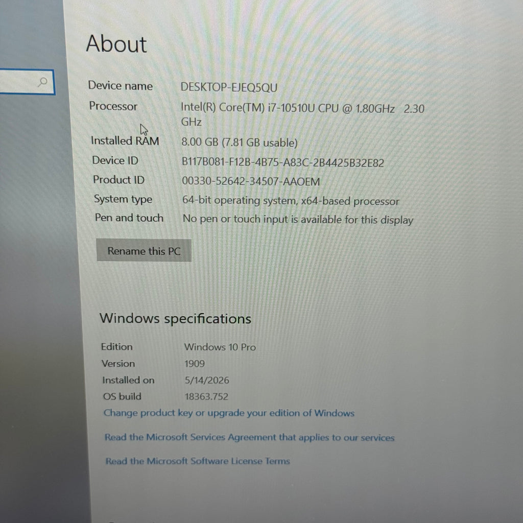 Lenovo ThinkPad E15 15” Core i7-10510U 8GB 512GB 1.80GHz Laptop - Bad Battery