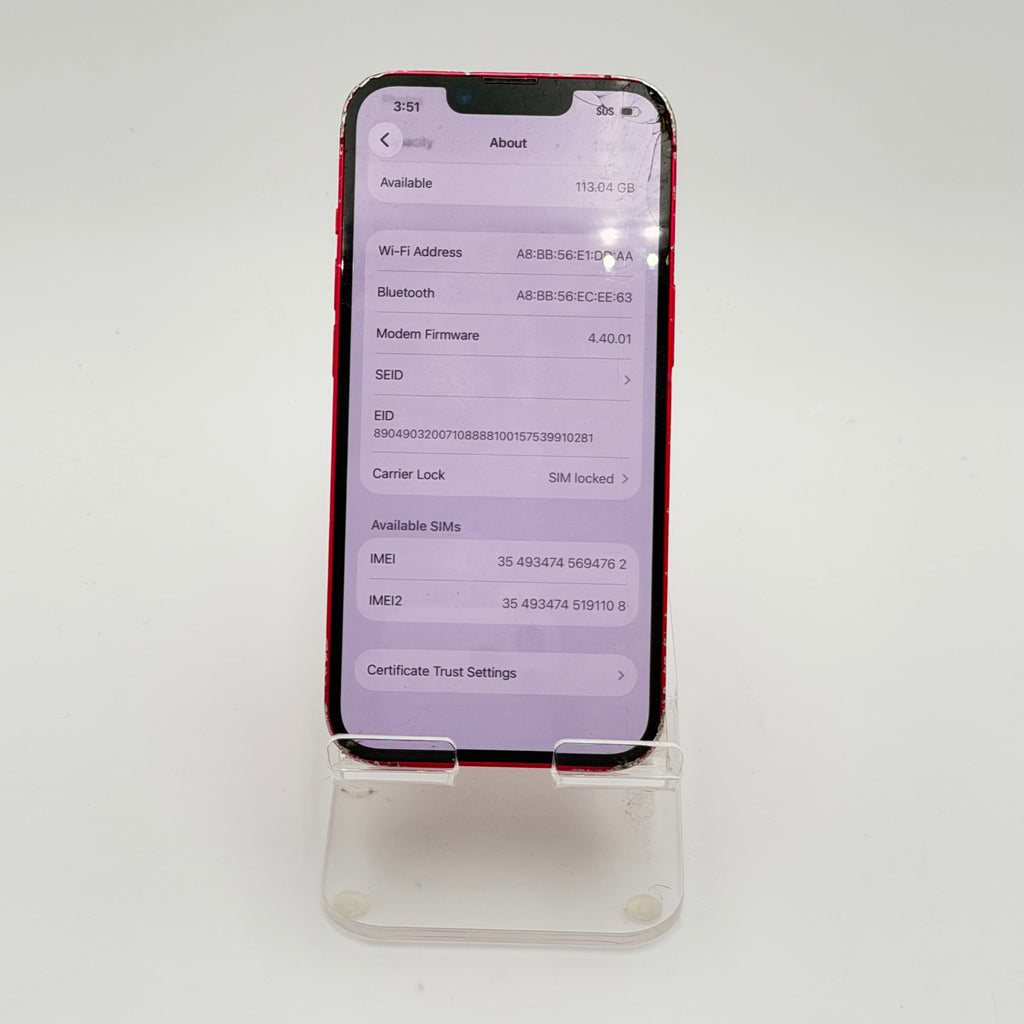 Broken T-Mobile Apple iPhone 14 Red - Cracked  Front - Back - 84% BH