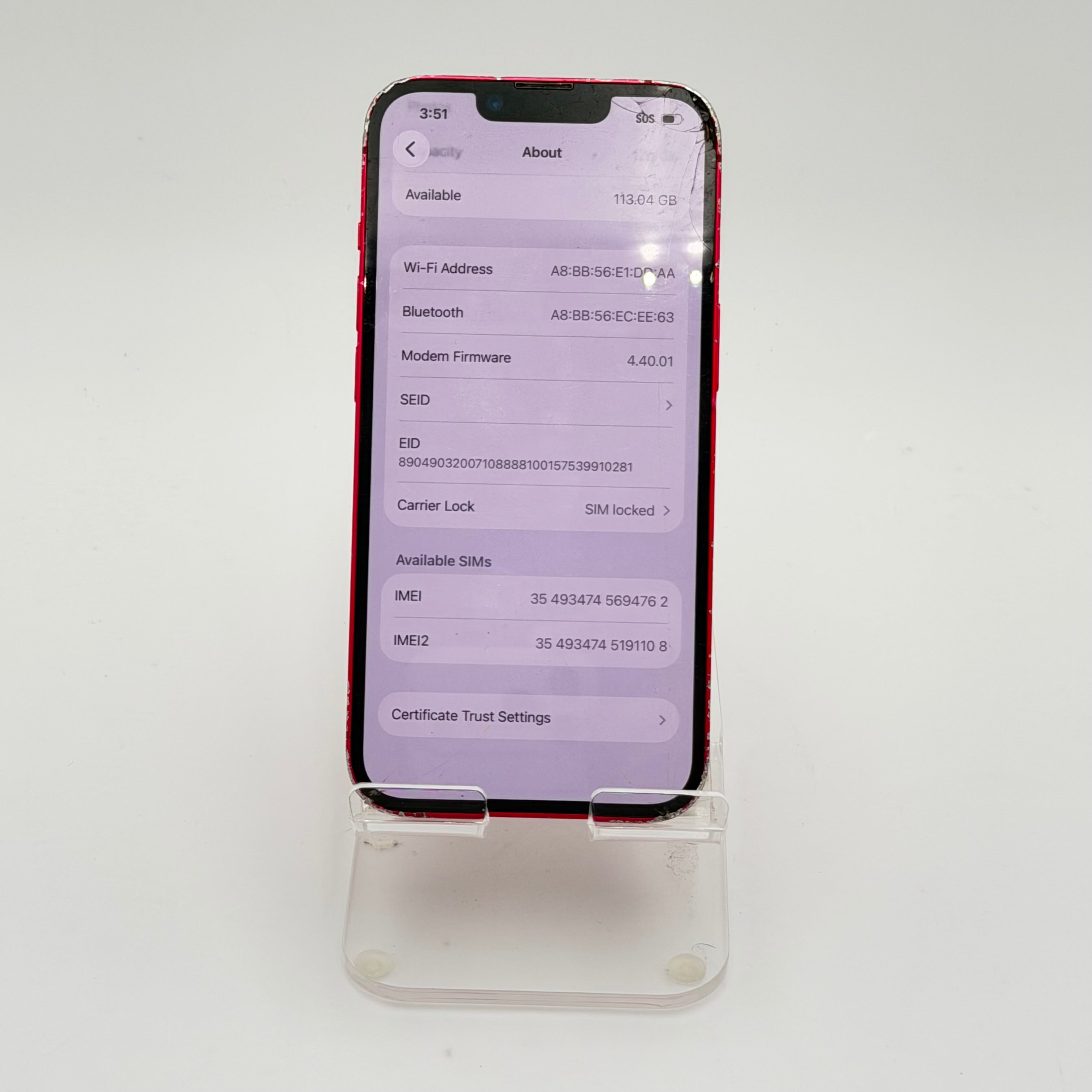 Broken T-Mobile Apple iPhone 14 Red - Cracked  Front - Back - 84% BH